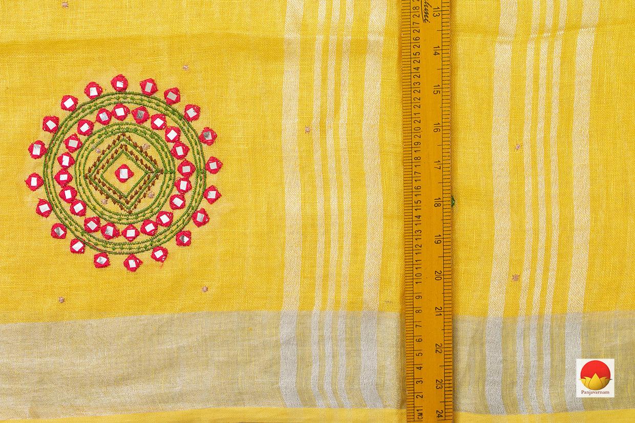 Yellow Linen Saree With Embroidery Buttas And Silver Zari Border PL 2032 - Linen Sari - Panjavarnam PL 2032