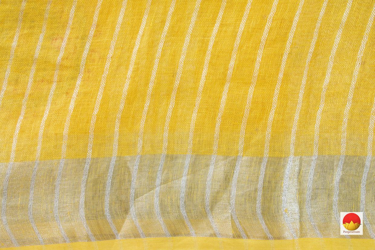 Yellow Linen Saree With Embroidery Buttas And Silver Zari Border PL 2032 - Linen Sari - Panjavarnam PL 2032