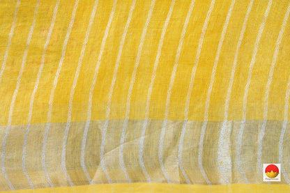 Yellow Linen Saree With Embroidery Buttas And Silver Zari Border PL 2032 - Linen Sari - Panjavarnam PL 2032