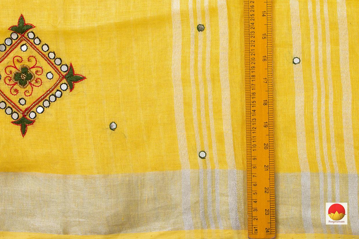 Yellow Linen Saree With Geometric Embroidery And Silver Zari Border PL 2035 - Linen Sari - Panjavarnam