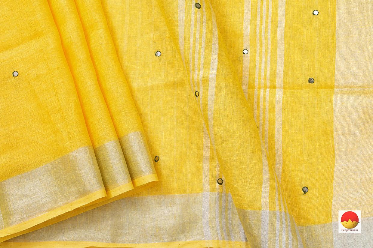 Yellow Linen Saree With Geometric Embroidery And Silver Zari Border PL 2035 - Linen Sari - Panjavarnam PL 2035