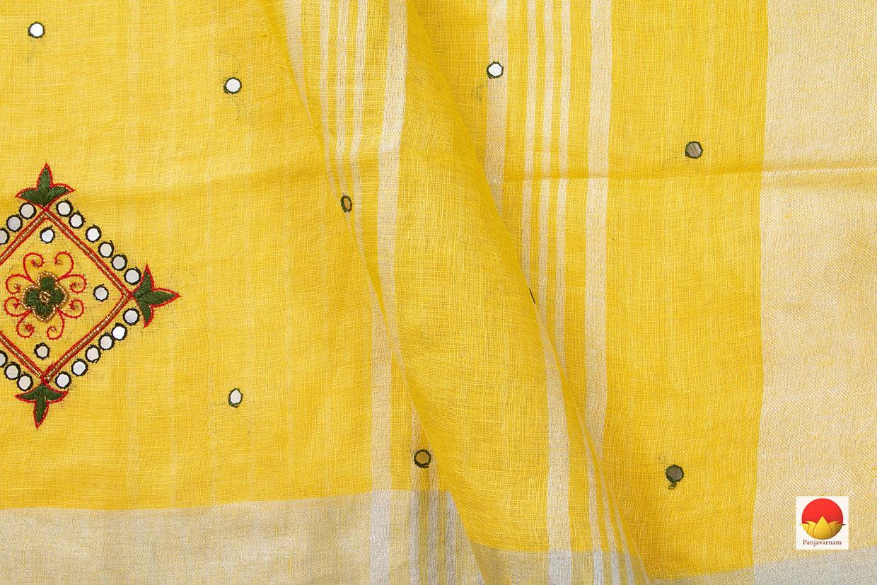 Yellow Linen Saree With Geometric Embroidery And Silver Zari Border PL 2035 - Linen Sari - Panjavarnam PL 2035