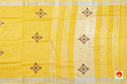 Yellow Linen Saree With Geometric Embroidery And Silver Zari Border PL 2035 - Linen Sari - Panjavarnam PL 2035