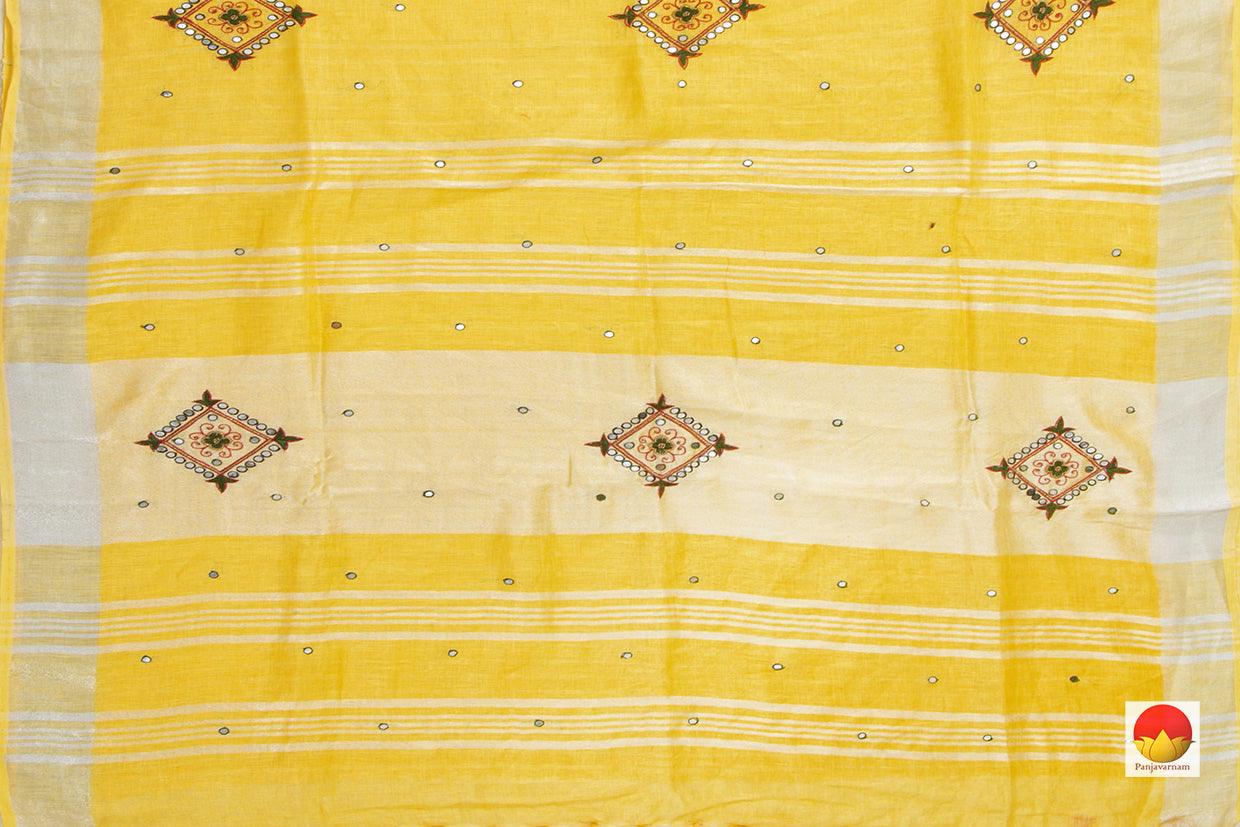 Yellow Linen Saree With Geometric Embroidery And Silver Zari Border PL 2035 - Linen Sari - Panjavarnam PL 2035