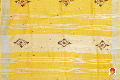 Yellow Linen Saree With Geometric Embroidery And Silver Zari Border PL 2035 - Linen Sari - Panjavarnam PL 2035