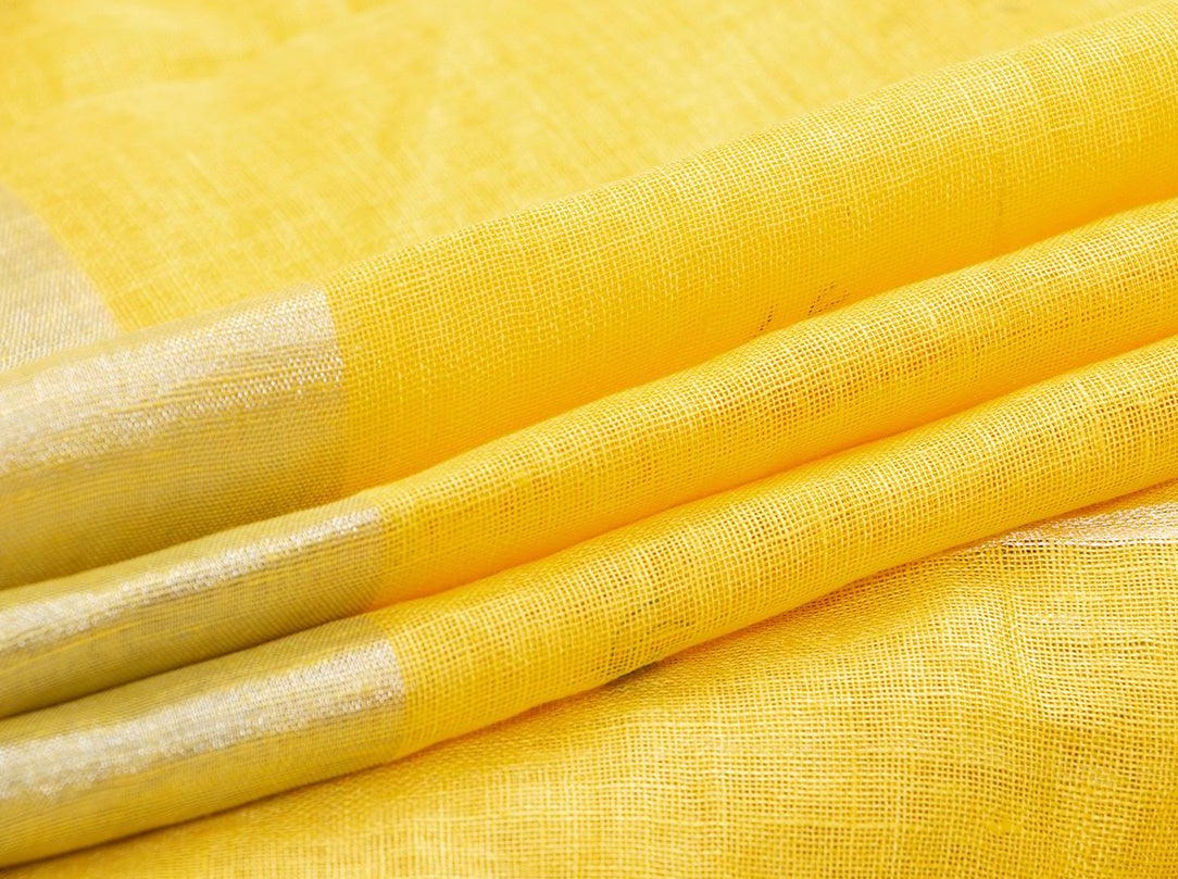 Yellow Linen Saree With Geometric Embroidery And Silver Zari Border PL 2035 - Linen Sari - Panjavarnam PL 2035