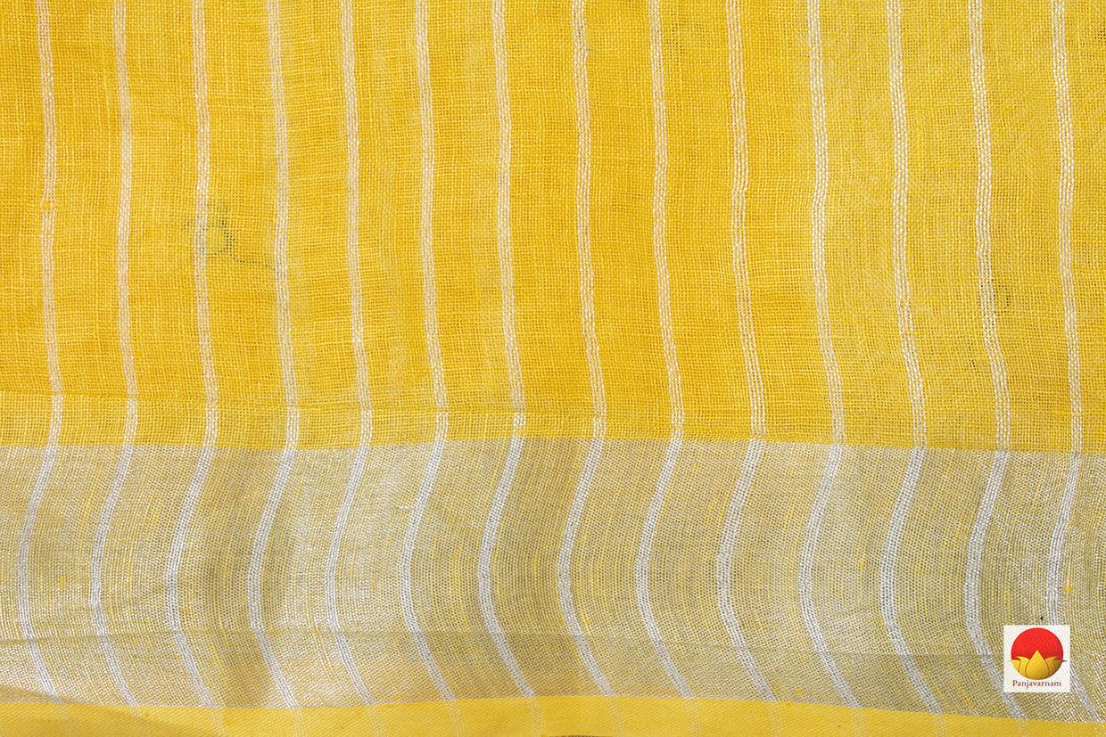 Yellow Linen Saree With Geometric Embroidery And Silver Zari Border PL 2035 - Linen Sari - Panjavarnam PL 2035