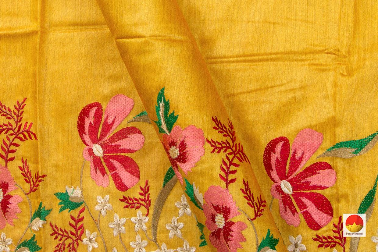 Yellow Ochre Handwoven Tussar Silk Saree Embroidered PT 757 - Tussar Silk - Panjavarnam