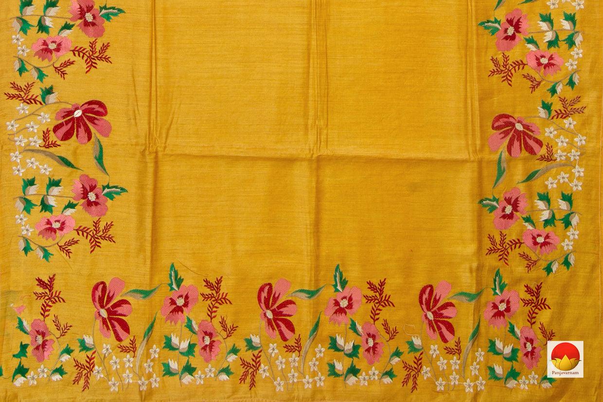 Yellow Ochre Handwoven Tussar Silk Saree Embroidered PT 757 - Tussar Silk - Panjavarnam