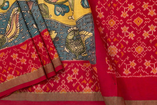 Yellow Pochampally Kalamkari Silk Saree With Red Patola Border Handwoven Ikkat Pure Silk For Office Wear PIK PAT 101 - Kalamkari Silk - Panjavarnam