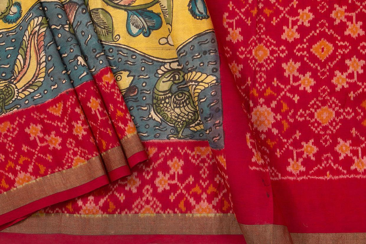 Yellow Pochampally Kalamkari Silk Saree With Red Patola Border Handwoven Ikkat Pure Silk For Office Wear PIK PAT 101 - Kalamkari Silk - Panjavarnam PIK PAT 101