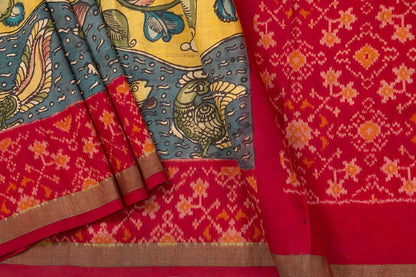 Yellow Pochampally Kalamkari Silk Saree With Red Patola Border Handwoven Ikkat Pure Silk For Office Wear PIK PAT 101 - Kalamkari Silk - Panjavarnam PIK PAT 101