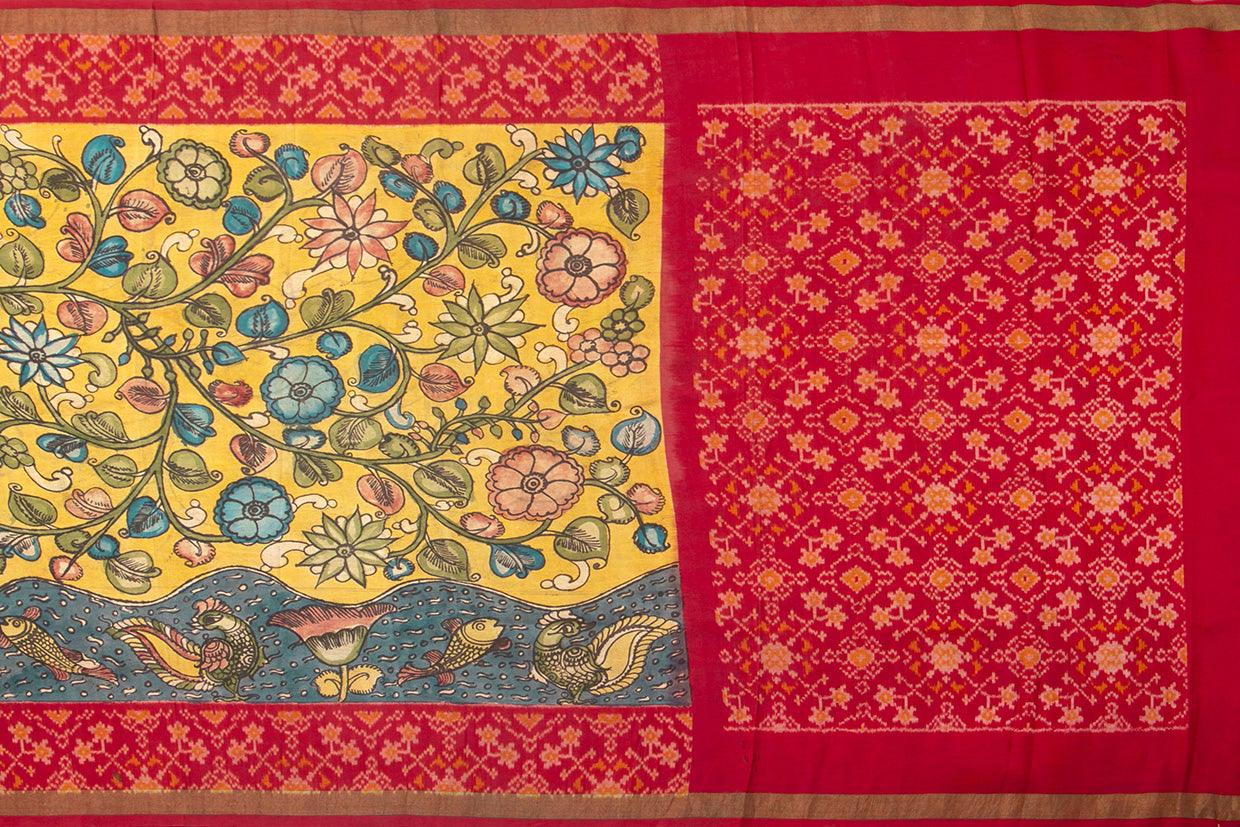 Yellow Pochampally Kalamkari Silk Saree With Red Patola Border Handwoven Ikkat Pure Silk For Office Wear PIK PAT 101 - Kalamkari Silk - Panjavarnam PIK PAT 101