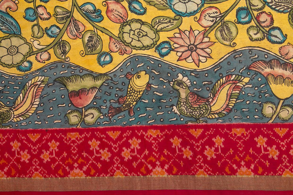 Yellow Pochampally Kalamkari Silk Saree With Red Patola Border Handwoven Ikkat Pure Silk For Office Wear PIK PAT 101 - Kalamkari Silk - Panjavarnam PIK PAT 101