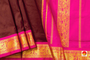 9 Yards Brown Kanchipuram Silk Saree With Pink Border Handwoven Pure Silk Pure Zari PV TVS 1112 - 9 yards silk saree - Panjavarnam PV TVS 1112