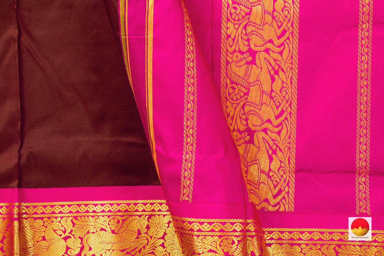 9 Yards Brown Kanchipuram Silk Saree With Pink Border Handwoven Pure Silk Pure Zari PV TVS 1112 - 9 yards silk saree - Panjavarnam PV TVS 1112