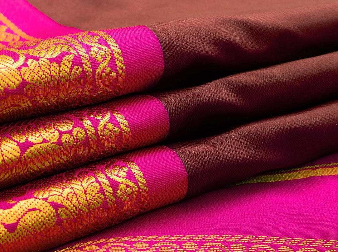 9 Yards Brown Kanchipuram Silk Saree With Pink Border Handwoven Pure Silk Pure Zari PV TVS 1112 - 9 yards silk saree - Panjavarnam PV TVS 1112