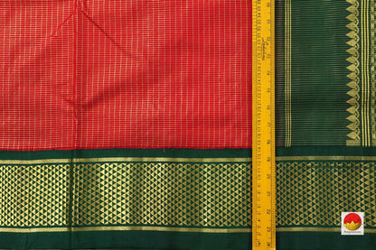 9 Yards Red And Orange Kanchipuram Silk Saree With Green Korvai Border Handwoven Pure Silk Pure Zari For Festive Wear PV 1111 - 9 yards silk saree - Panjavarnam