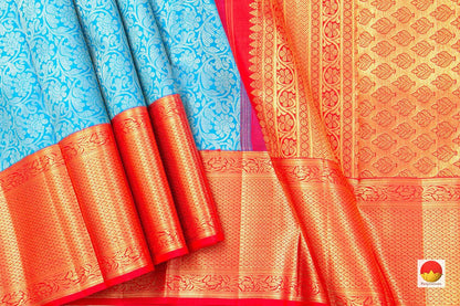 Ananda Blue And Red Kanchipuram Silk Saree Handwoven Pure Silk Pure Zari For Wedding Wear PV NYC 393 - Silk Sari - Panjavarnam PV NYC 393