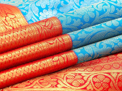 Ananda Blue And Red Kanchipuram Silk Saree Handwoven Pure Silk Pure Zari For Wedding Wear PV NYC 393 - Silk Sari - Panjavarnam PV NYC 393