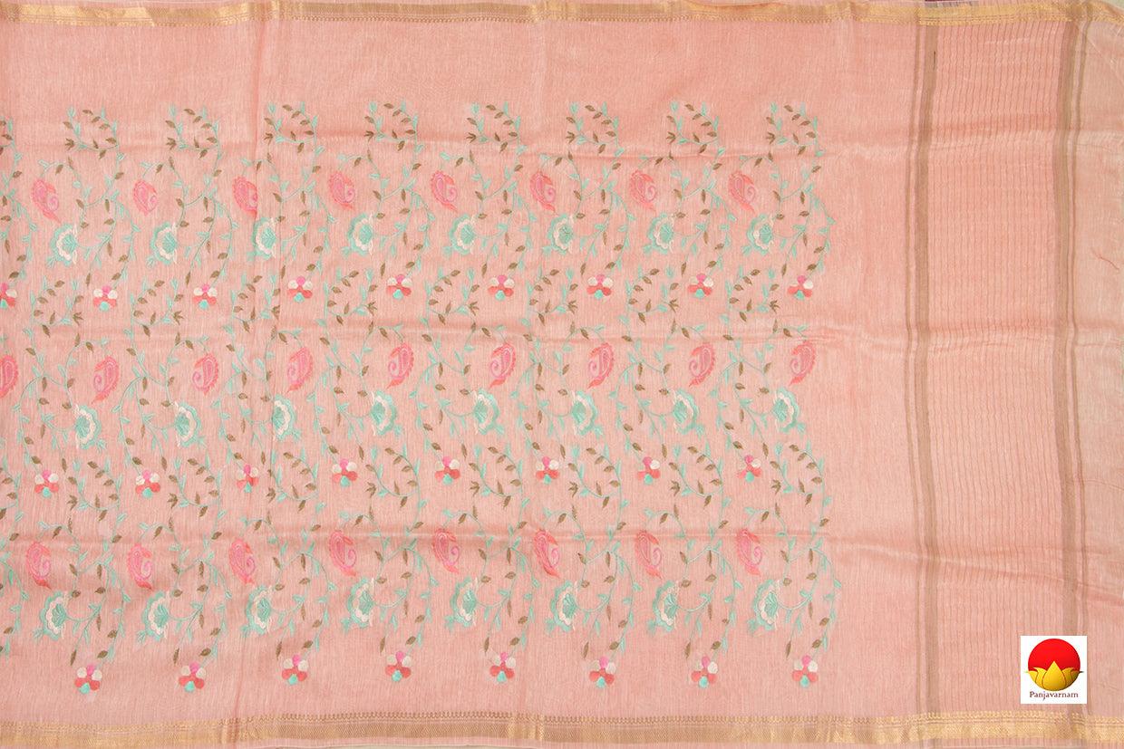 Baby Pink Linen Saree With Embroidery And Gold Zari Border - PL 936 B - Linen Sari - Panjavarnam
