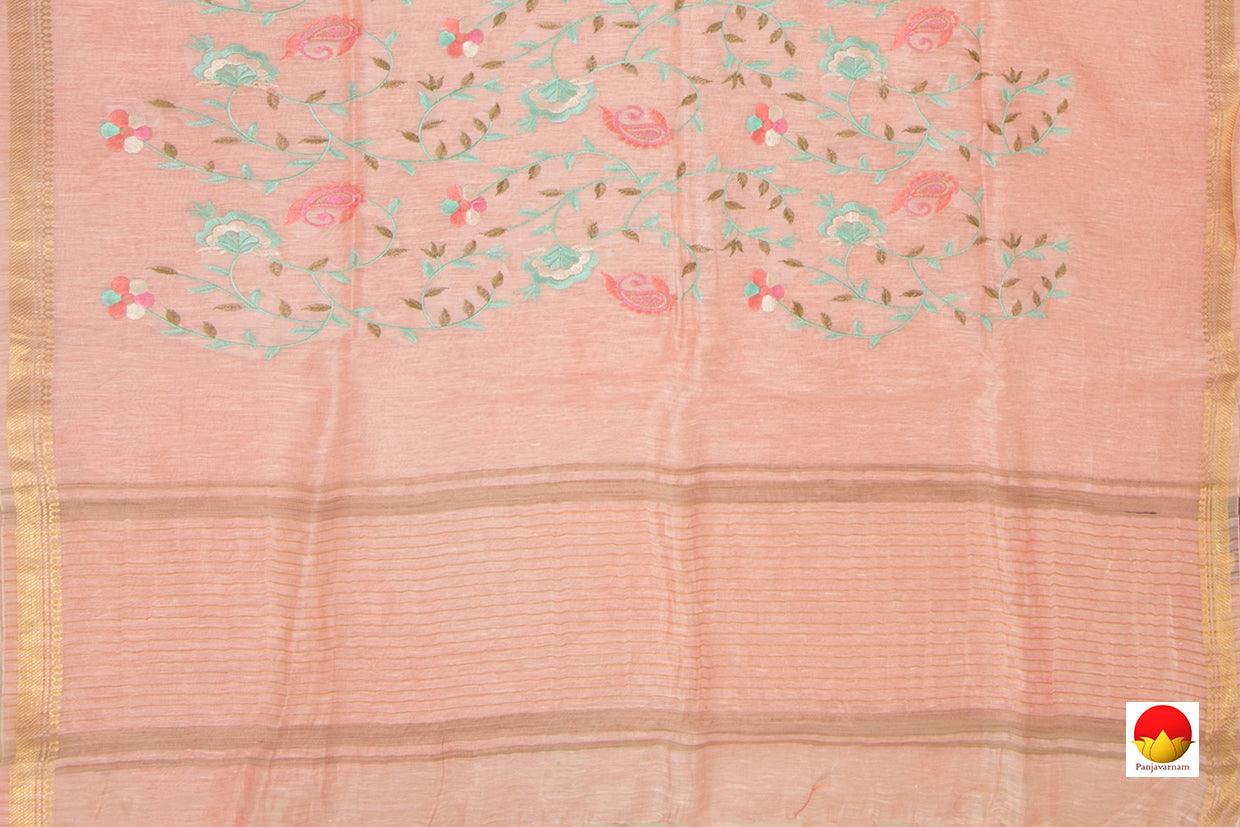 Baby Pink Linen Saree With Embroidery And Gold Zari Border - PL 936 B - Linen Sari - Panjavarnam