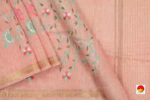 Baby Pink Linen Saree With Embroidery And Gold Zari Border - PL 936 B - Linen Sari - Panjavarnam PL 936 B