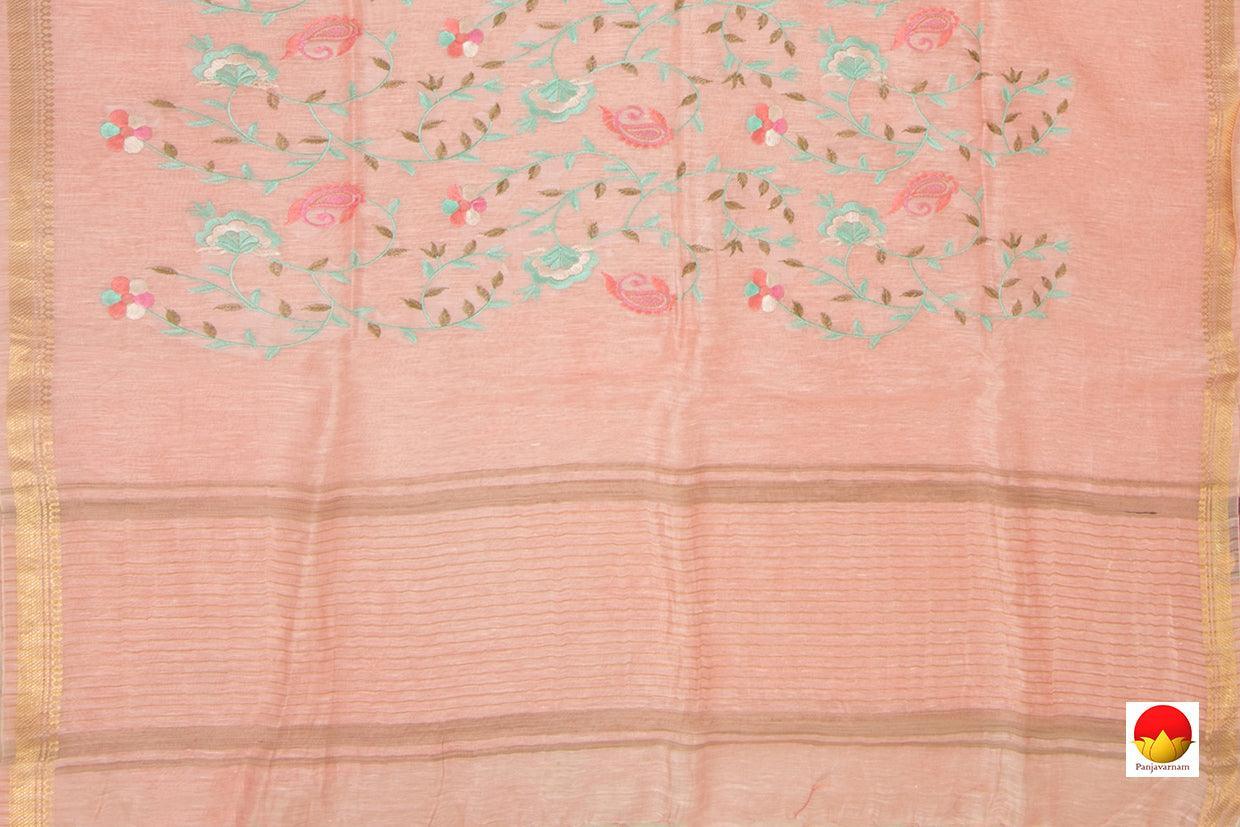 Baby Pink Linen Saree With Embroidery And Gold Zari Border - PL 936 B - Linen Sari - Panjavarnam PL 936 B