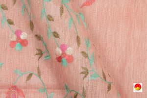 Baby Pink Linen Saree With Embroidery And Gold Zari Border - PL 936 B - Linen Sari - Panjavarnam PL 936 B