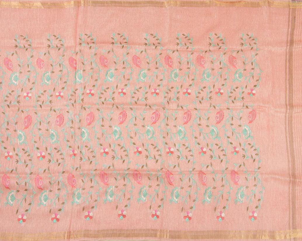 Baby Pink Linen Saree With Embroidery And Gold Zari Border - PL 936 B - Linen Sari - Panjavarnam PL 936 B