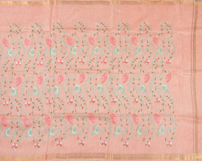 Baby Pink Linen Saree With Embroidery And Gold Zari Border - PL 936 B - Linen Sari - Panjavarnam PL 936 B