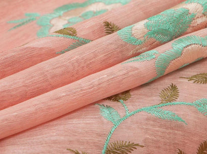 Baby Pink Linen Saree With Embroidery And Gold Zari Border - PL 936 B - Linen Sari - Panjavarnam PL 936 B
