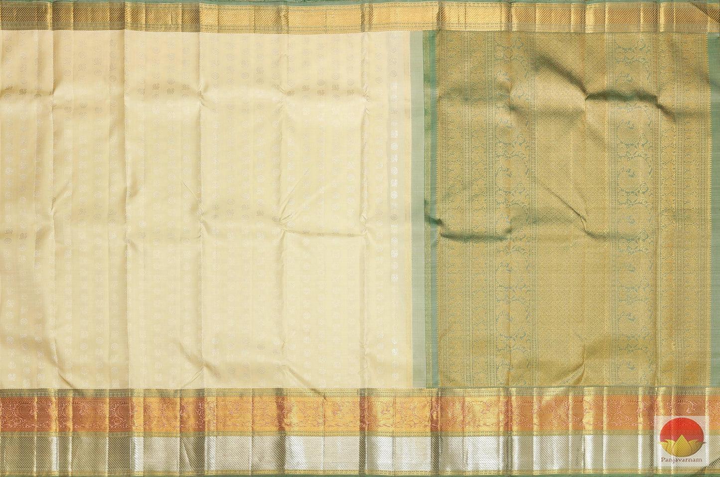 Beige and Green - Handwoven Pure Silk Kanjivaram Saree - Pure Zari - PV SVS 40 Archives - Silk Sari - Panjavarnam