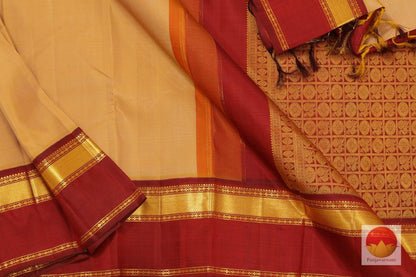 Beige & Maroon - Handwoven Kanjivaram Pure Silk Saree - Pure Zari - PV J 967 - Archives - Silk Sari - Panjavarnam
