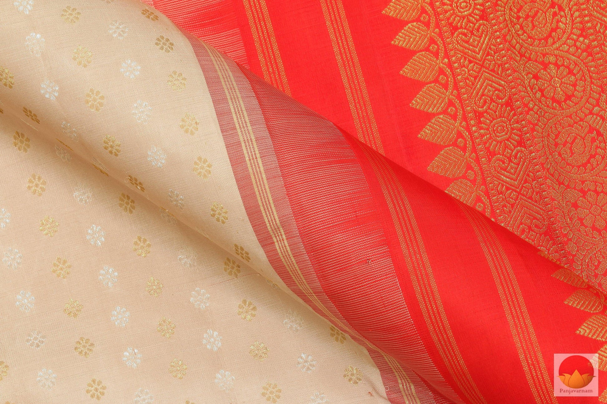 Beige & Orange - Handwoven Pure Silk Kanjivaram Saree - Pure Zari - PV 503 Archives - Silk Sari - Panjavarnam