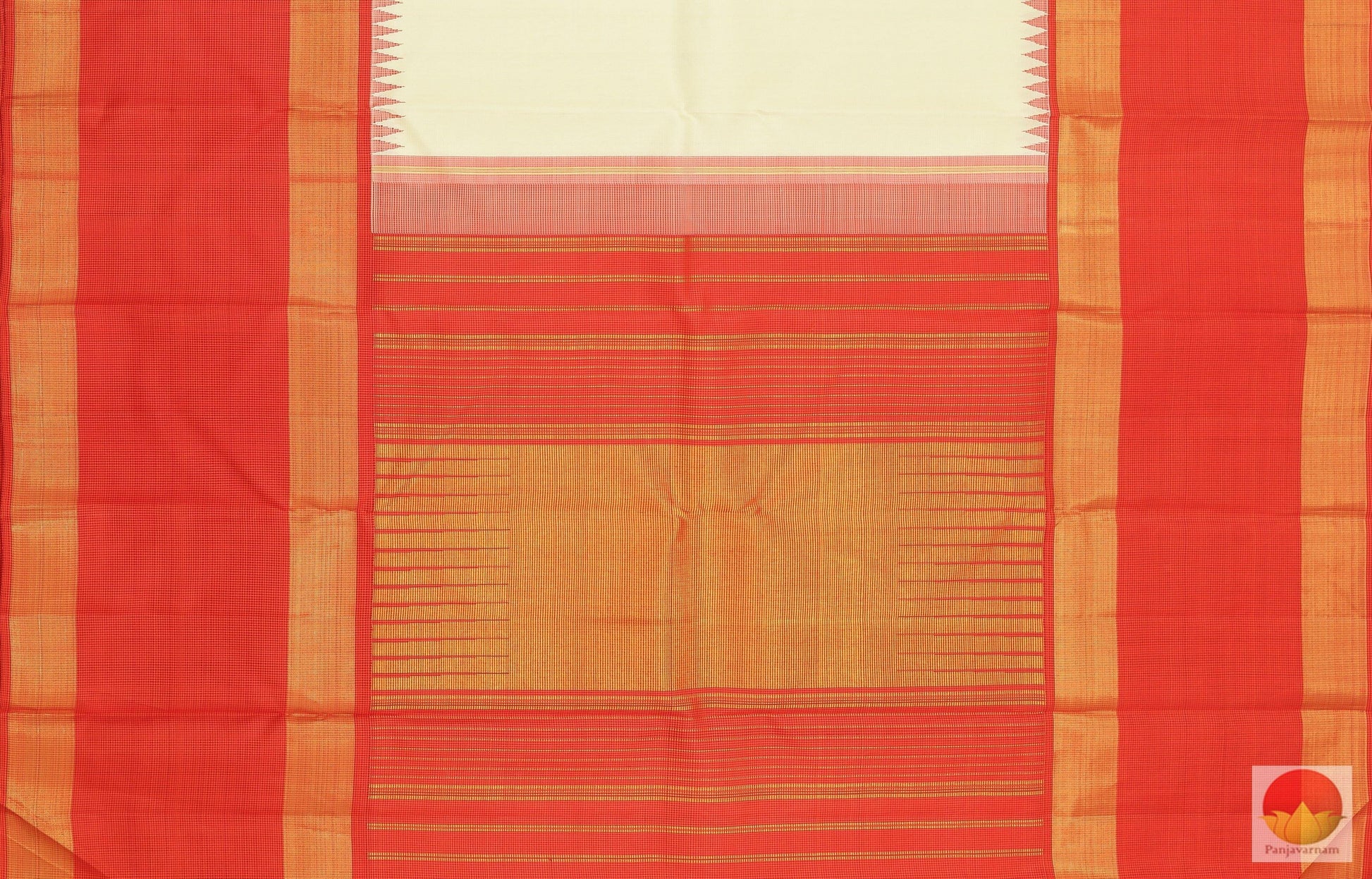 Beige Cream & Orange - Temple Border - Handwoven Pure Silk Kanjivaram Saree - Pure Zari - PV J2178 Archives - Silk Sari - Panjavarnam