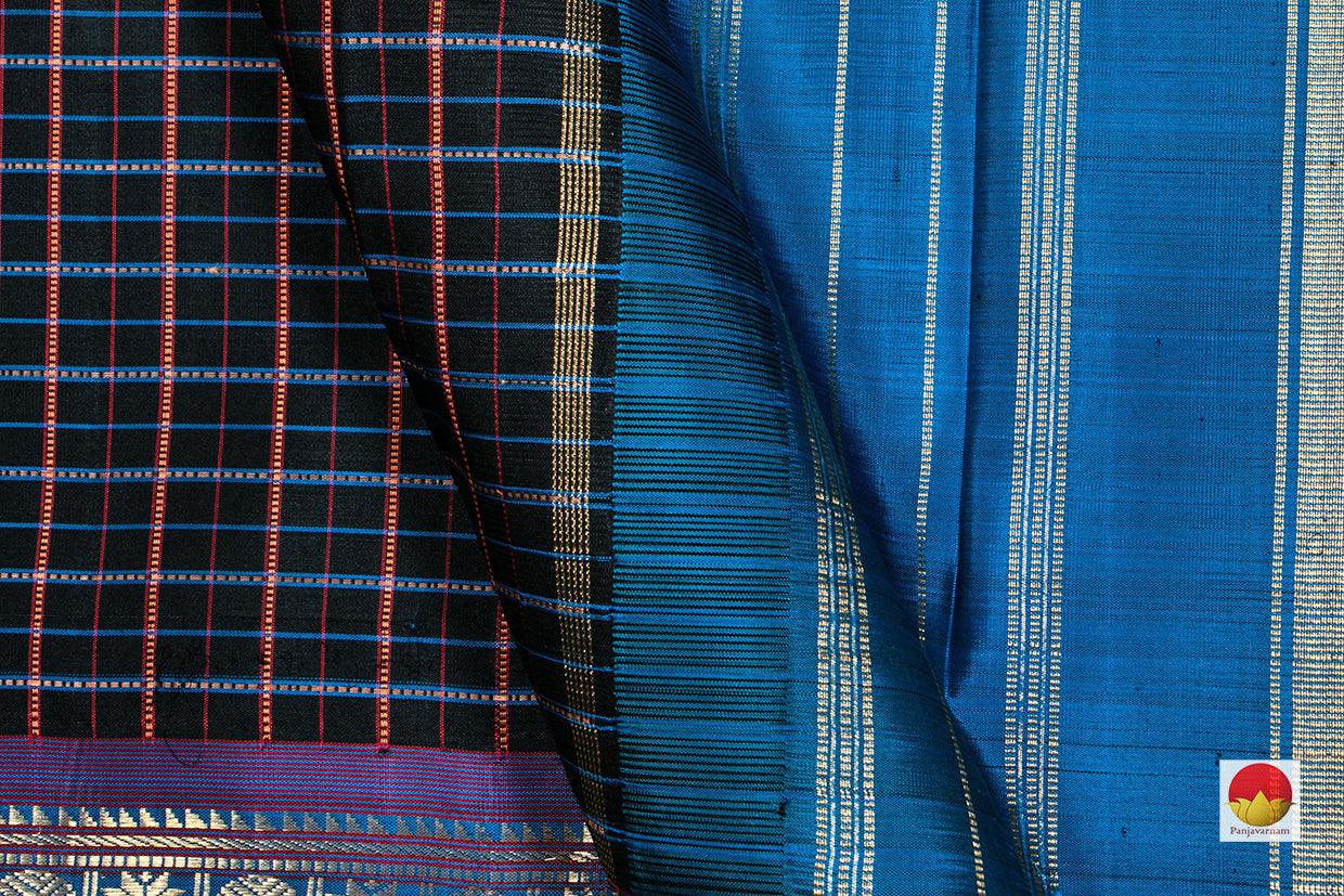 Black And Blue Checked Kanchipuram Silk Saree Handwoven Pure Silk Pure Zari PV NYC 273 - Silk Sari - Panjavarnam