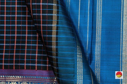 Black And Blue Checked Kanchipuram Silk Saree Handwoven Pure Silk Pure Zari PV NYC 273 - Silk Sari - Panjavarnam