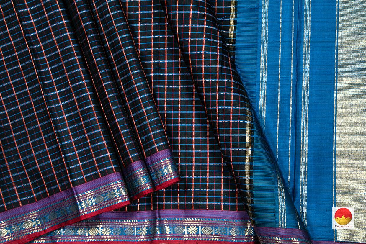 Black And Blue Checked Kanchipuram Silk Saree Handwoven Pure Silk Pure Zari PV NYC 273 - Silk Sari - Panjavarnam PV NYC 273