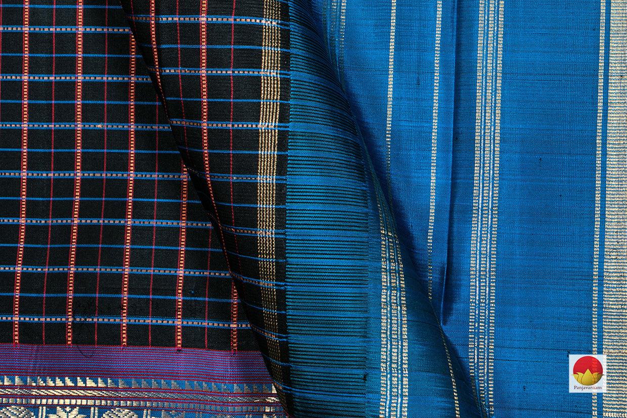 Black And Blue Checked Kanchipuram Silk Saree Handwoven Pure Silk Pure Zari PV NYC 273 - Silk Sari - Panjavarnam PV NYC 273