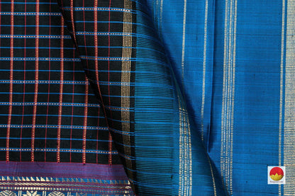 Black And Blue Checked Kanchipuram Silk Saree Handwoven Pure Silk Pure Zari PV NYC 273 - Silk Sari - Panjavarnam PV NYC 273