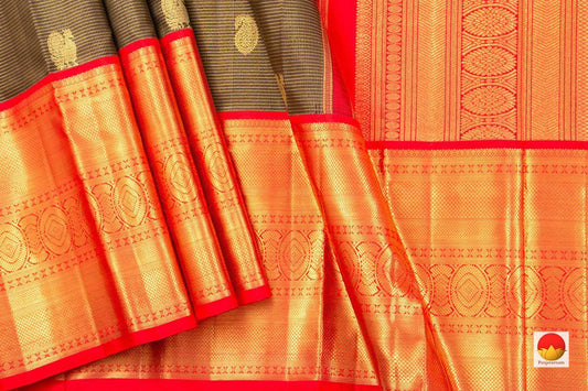Black And Red Kanchipuram Silk Saree Handwoven Pure Silk Pure Zari For Baby Shower PV NYC 392 - Silk Sari - Panjavarnam PV NYC 392