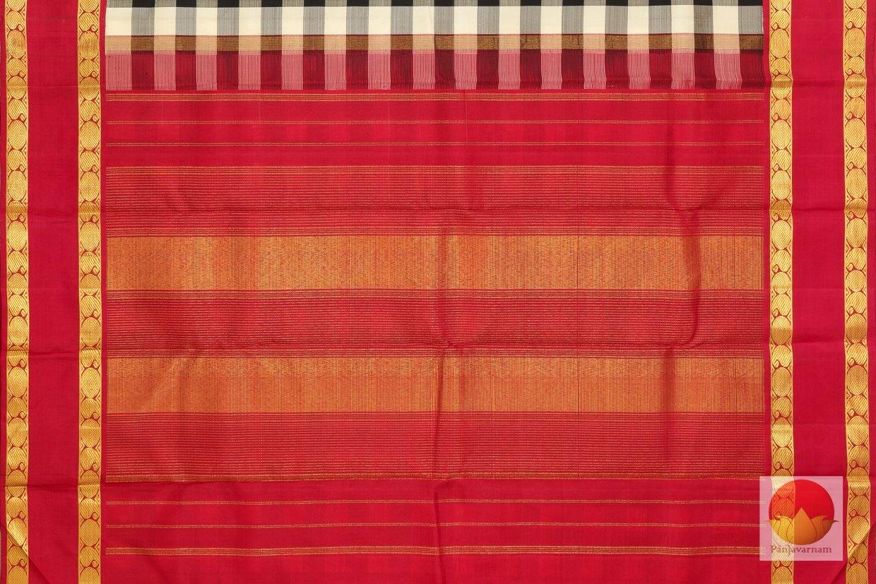 Black & White Checks with Red Border - Handwoven Kanchipuram SIlk Saree - Pure Zari - PV J 1619 - Archives - Silk Sari - Panjavarnam