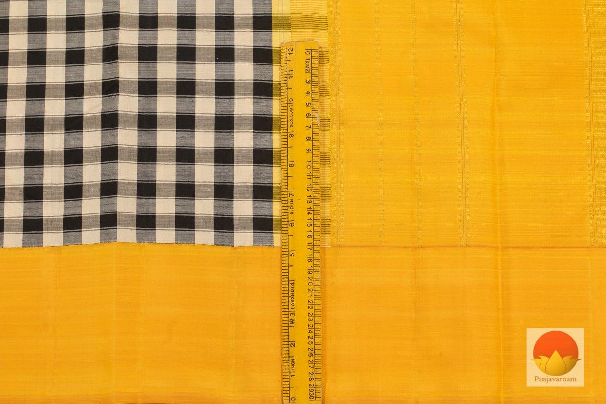 Black & White Checks - Yellow Contrast Border - Handwoven Kanchipuram Silk Saree - Pure Zari - PV J 511 - Archives - Silk Sari - Panjavarnam