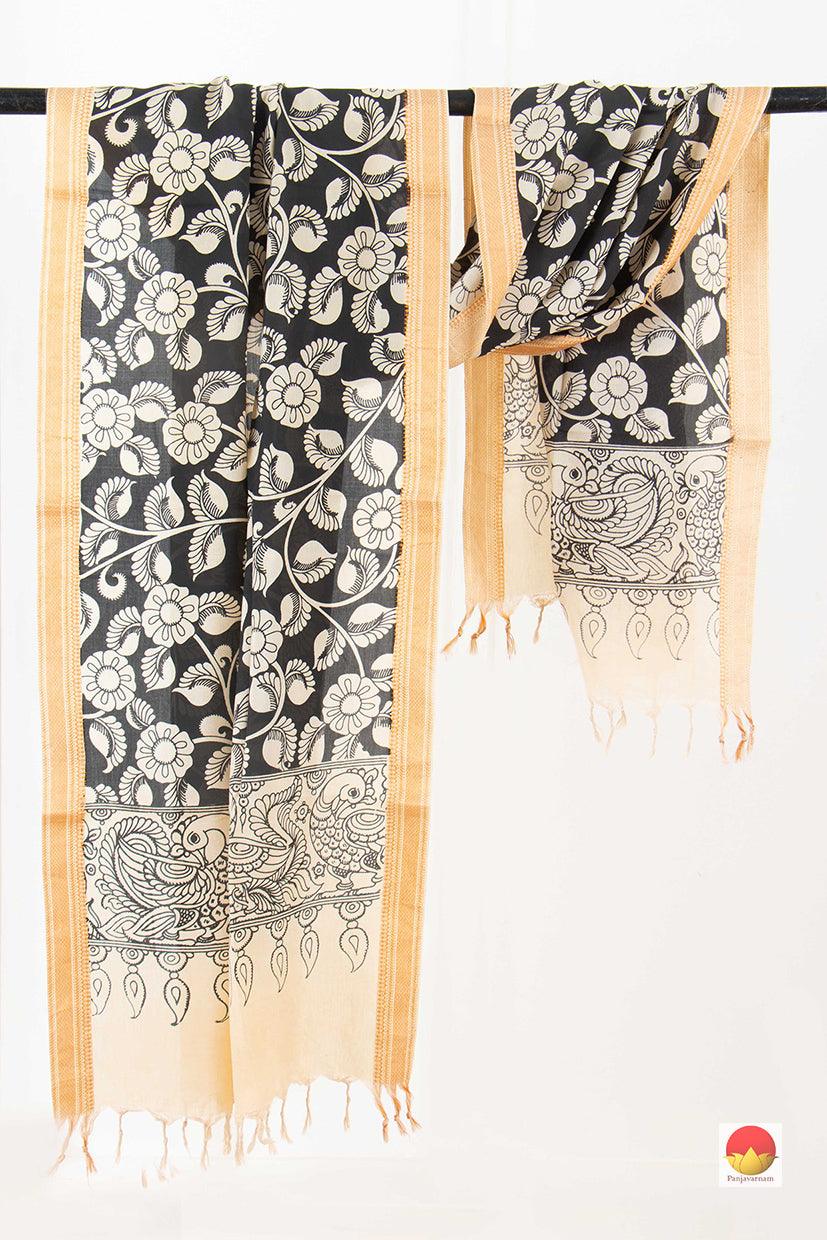 Black And White Handpainted Kalamkari Mangalgiri Dupatta PVD 1045 - Dupattas - Panjavarnam PVD 1045