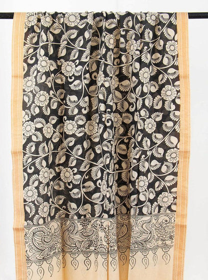 Black And White Handpainted Kalamkari Mangalgiri Dupatta PVD 1045 - Dupattas - Panjavarnam PVD 1045