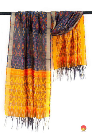 Black And Yellow Pochampally Ikkat Silk Dupatta Geometric Pattern PVD 1004 - Dupattas - Panjavarnam PVD 1004