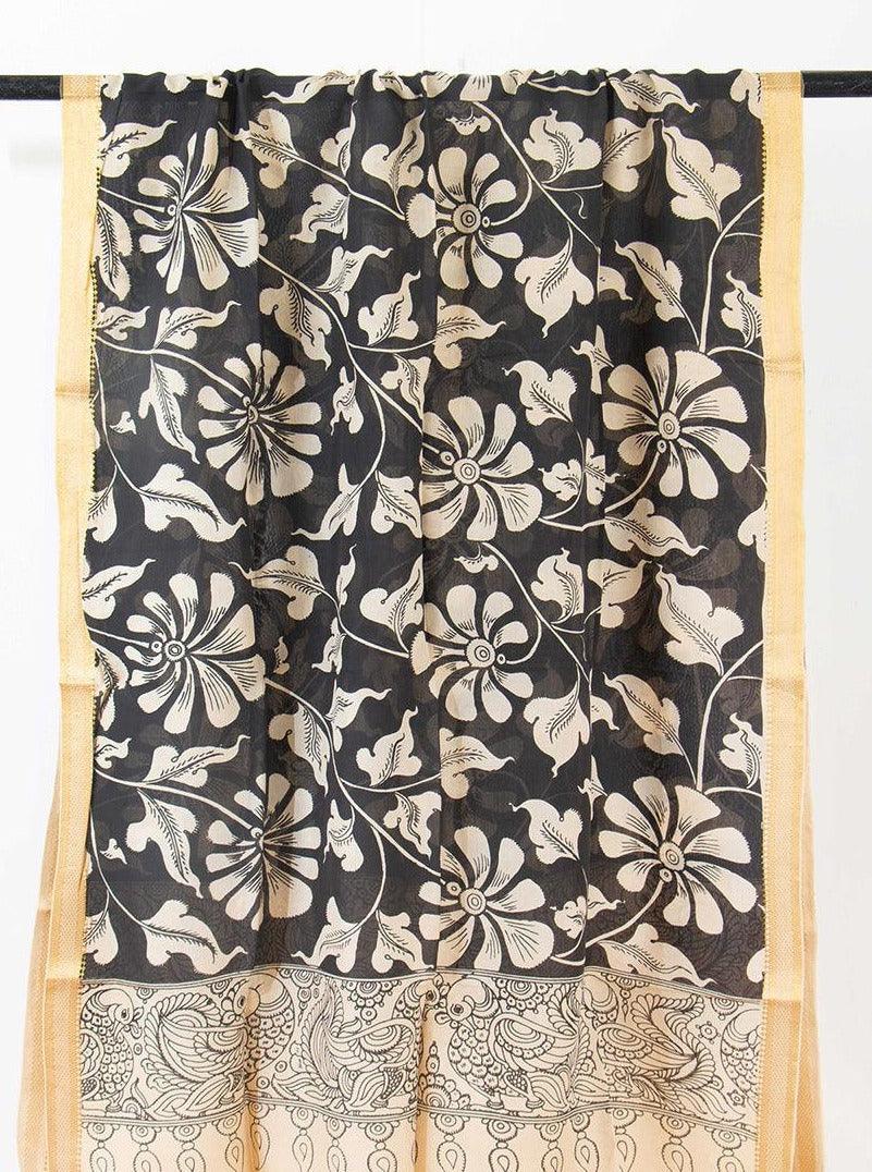 Black Floral Handpainted Kalamkari Mangalgiri Dupatta With Gold Zari Border PVD 1036 - Dupattas - Panjavarnam PVD 1036