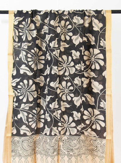 Black Floral Handpainted Kalamkari Mangalgiri Dupatta With Gold Zari Border PVD 1036 - Dupattas - Panjavarnam PVD 1036