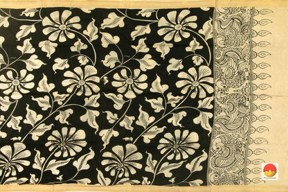 Black Floral Handpainted Kalamkari Mangalgiri Dupatta With Gold Zari Border PVD 1036 - Dupattas - Panjavarnam PVD 1036